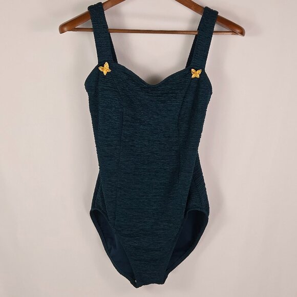 Upstream Vintage One‎ Piece Swimsuit Sz 12 Teal Retro Butterfly 80s Pinup Swim - Picture 1 of 9